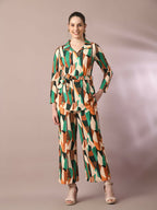 Myshka Women's Multi Printed Polo Collar Party Top With Trousers Co-ord set | Grocsy