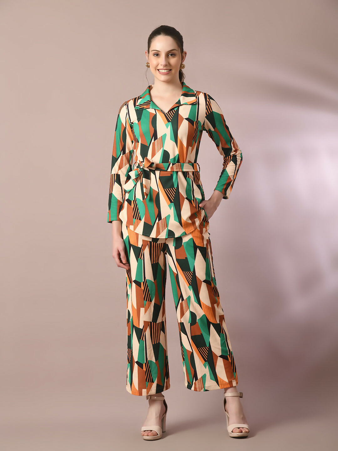 Myshka Women's Multi Printed Polo Collar Party Top With Trousers Co-ord set | Grocsy
