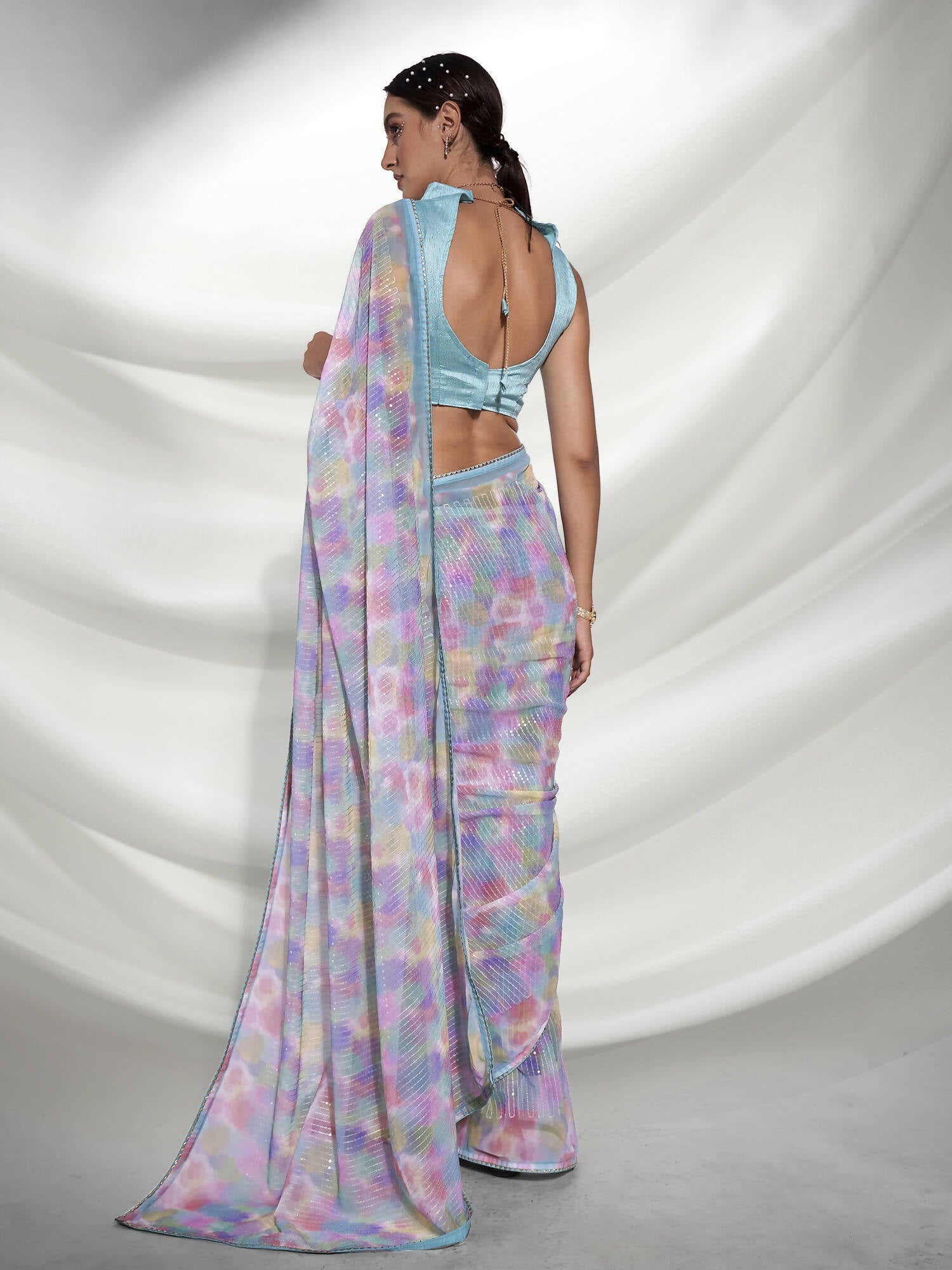 Blue Georgette Sequence Embroidery Saree With Unstitched Blouse Piece - Rajal | Grocsy