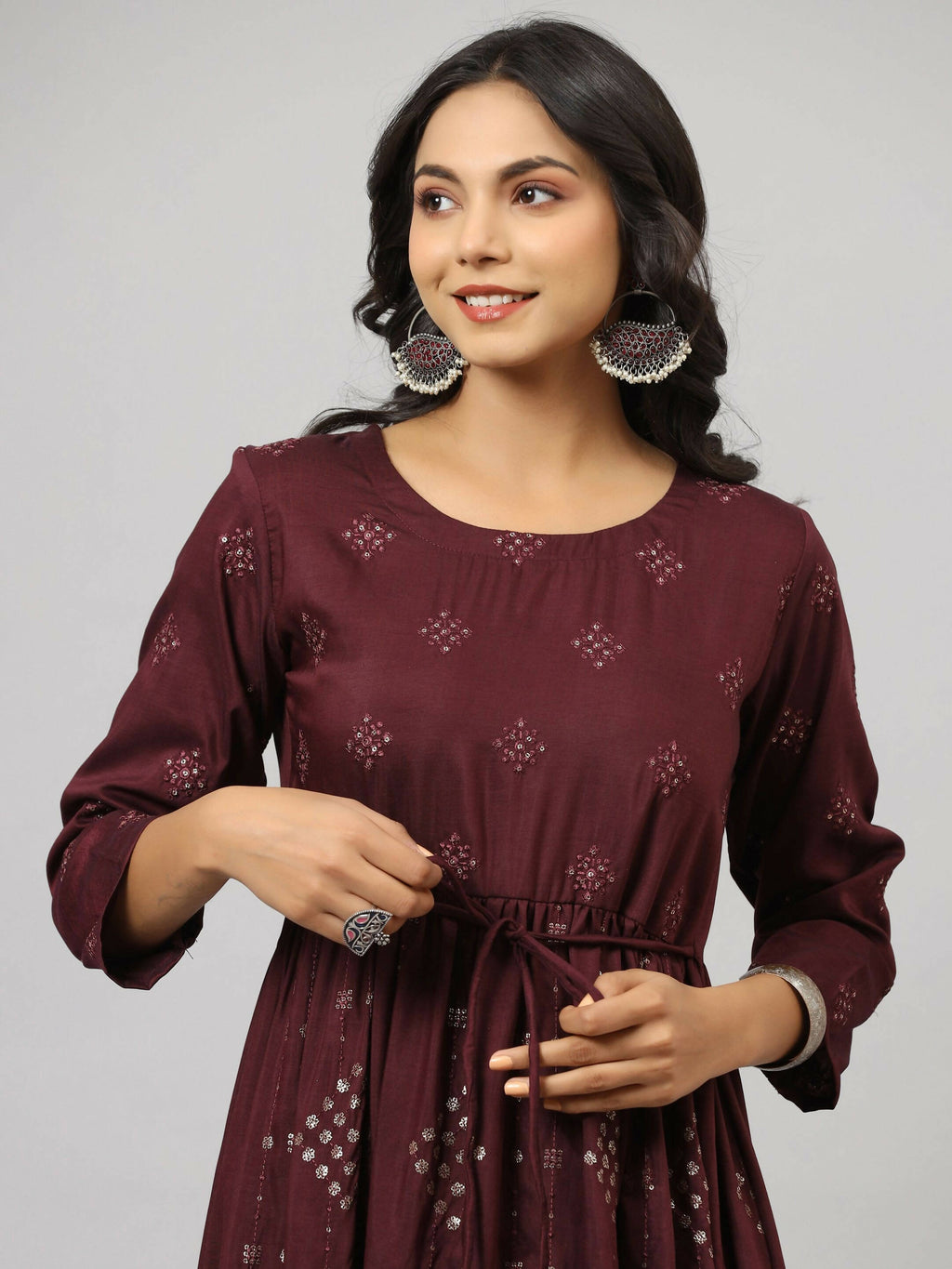 Juniper Women's Mauve Festive Printed Flared Dress | Grocsy