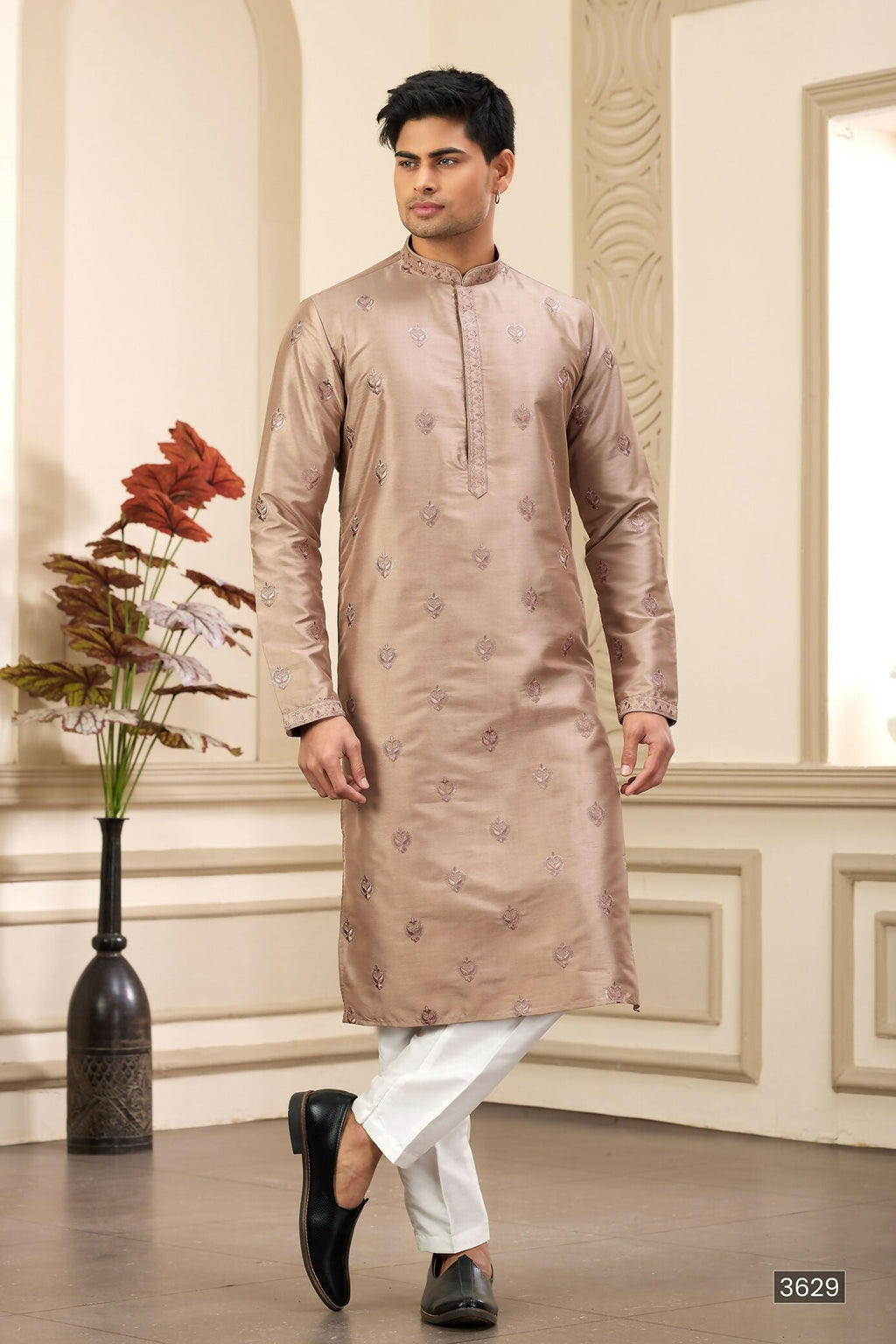 Raivat Ethnic Men's Art Silk Thread Work Kurta Pyjama In Brown Colour | Grocsy