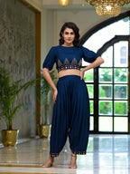 Juniper Women's Navy Thread Embroidered Rayon Top & Dhoti Pant Set | Grocsy