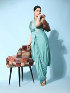 Sea Green Imported Crush Lycra Texture Pattern Ready to Wear Saree with stitched Blouse - Nirvana | Grocsy