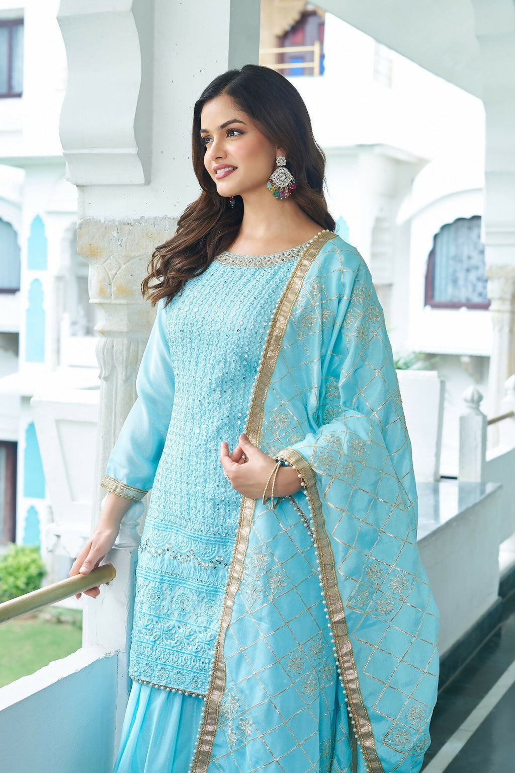 Joban Fashion Sky Blue Chinon Silk Embroidery Sequence Work Readymade Kurta Set | Grocsy