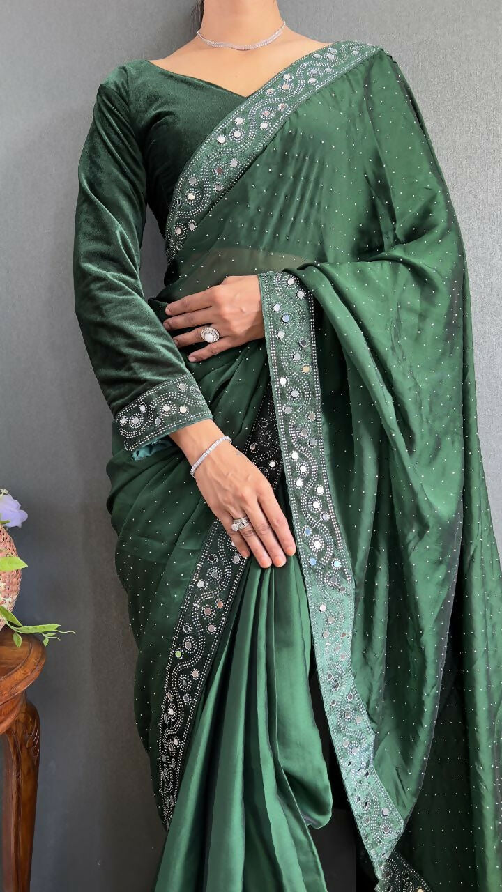 Vastranavya Green Rangoli Silk Real Mirror work with Swarovski work Ready to Wear Saree | Grocsy
