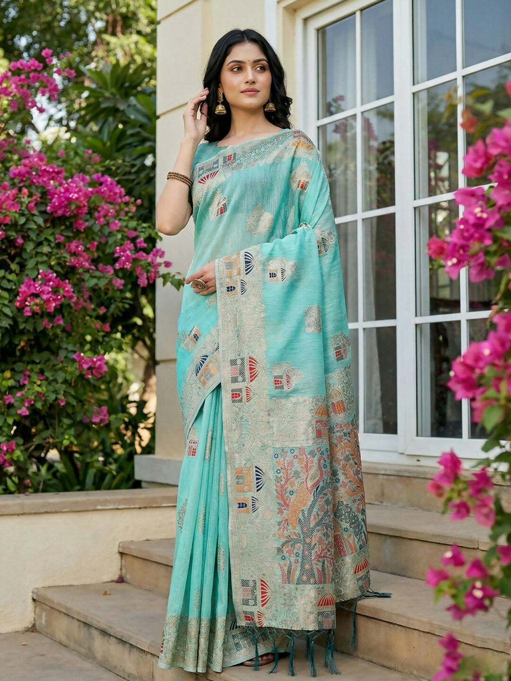 Shree Shyam Fashion Sky Blue Linen Cotton Saree | Grocsy