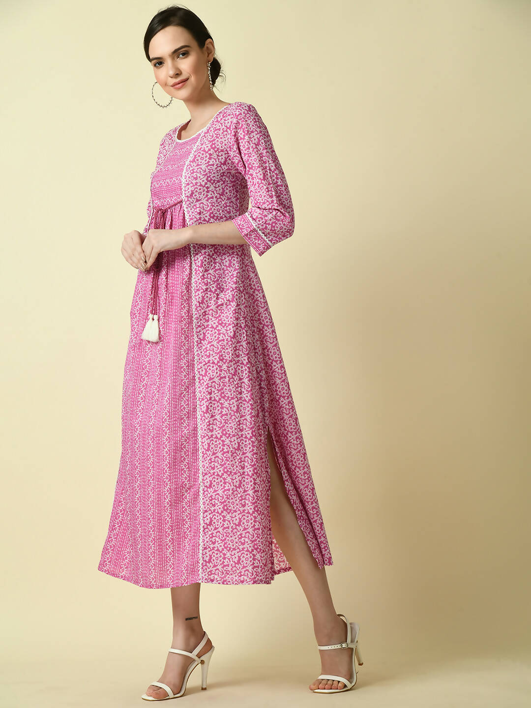 Myshka Women's Pink Floral Printed Gown Dress | Grocsy