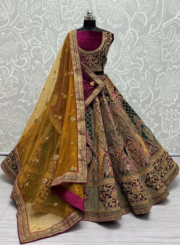 Jyoti Fashion Women's Multicolor Velvet Fancy Patch, Multi Thread Embroidered, Zircon Diamond, Sequins Work Wedding Lehenga Choli | Grocsy