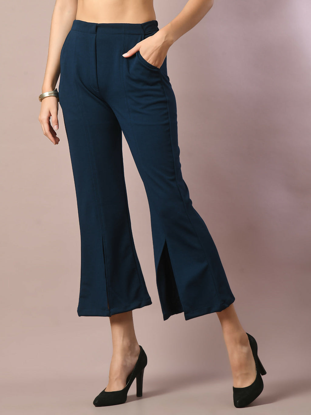 Myshka Women's Blue Solid Party Parallel Trousers | Grocsy