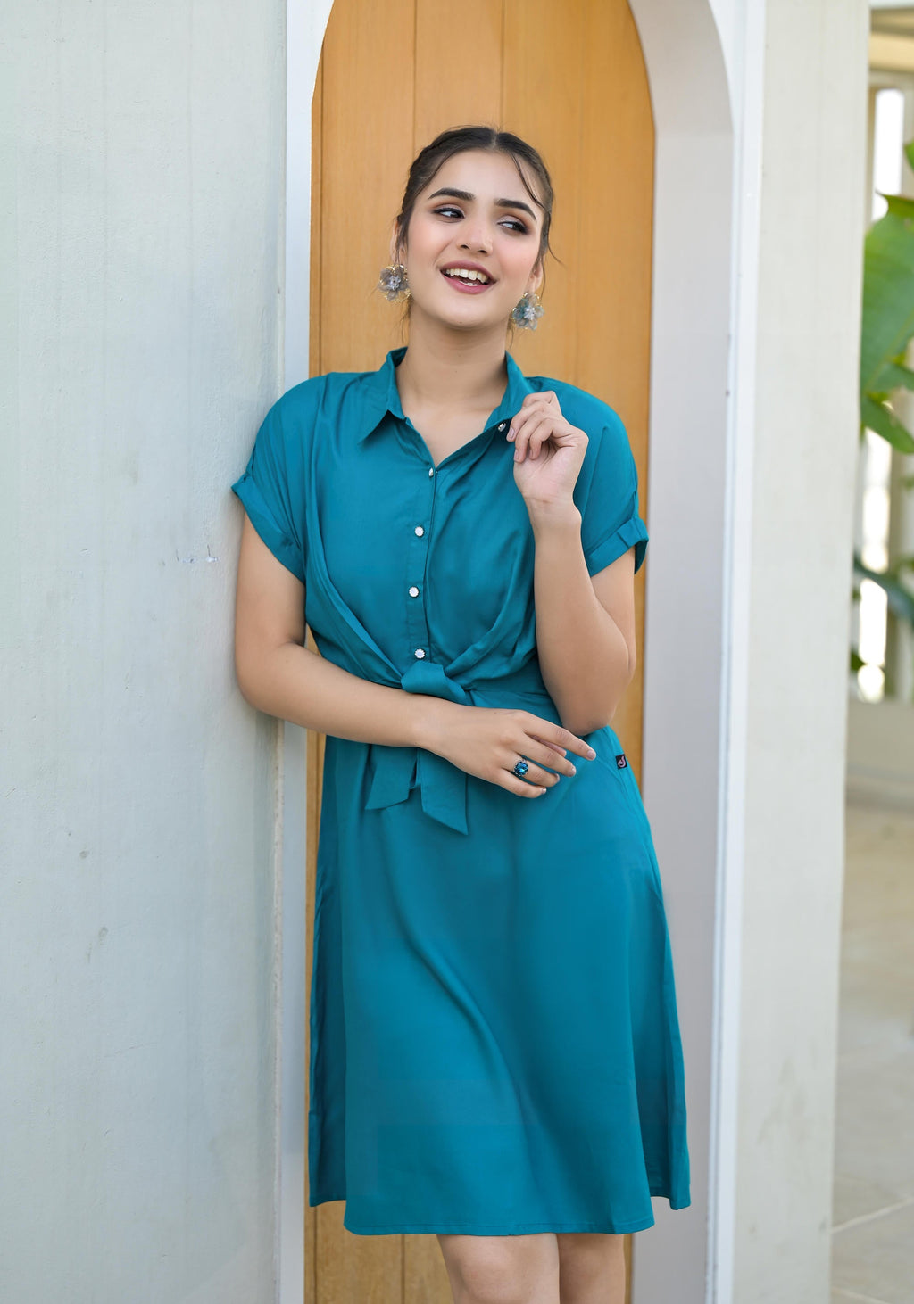 Juniper Teal Viscose Rayon A-line Dress | Grocsy