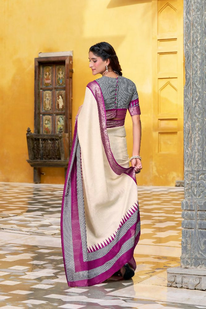 PR Fashion Owt Poly Cotton Printed With Zari Weaving Work Saree | Grocsy