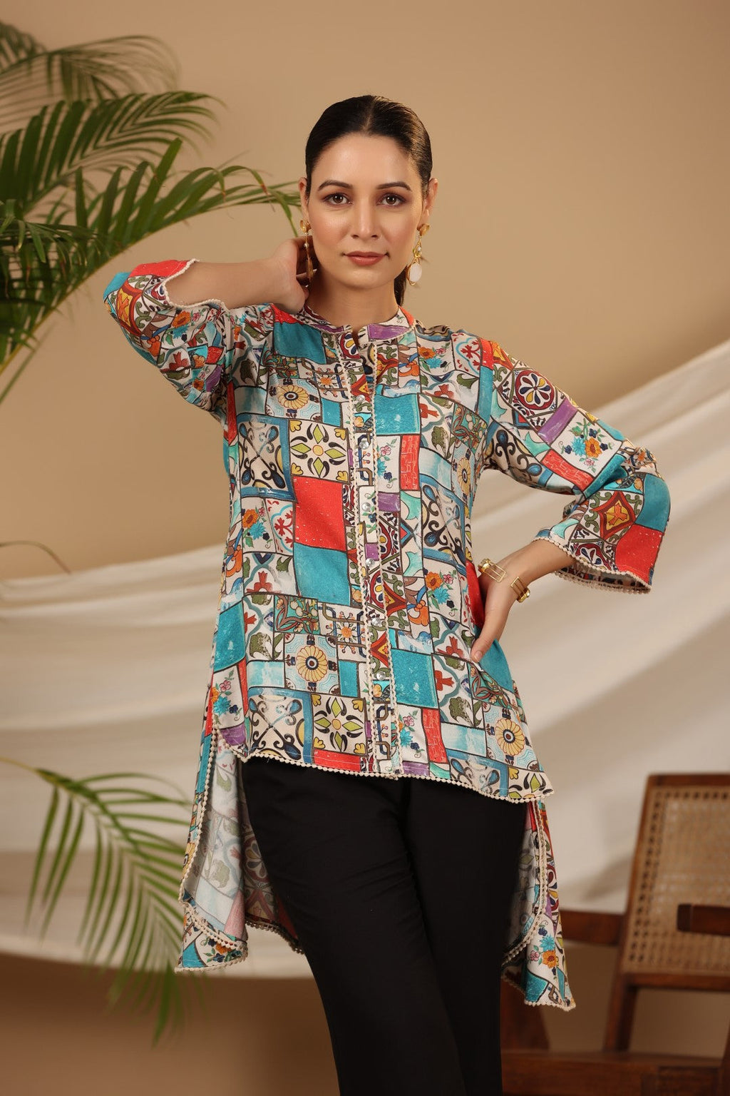 Juniper Multi Patchwork Printed Asymmetric Tunic | Grocsy