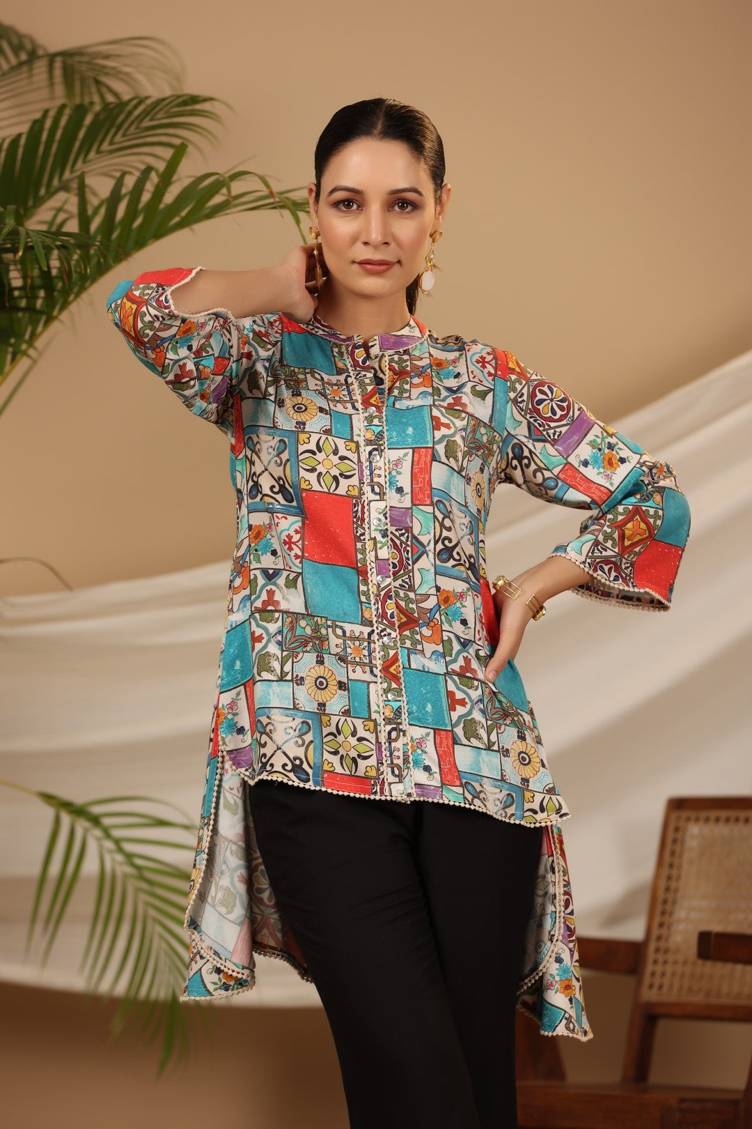 Juniper Multi Patchwork Printed Asymmetric Tunic | Grocsy