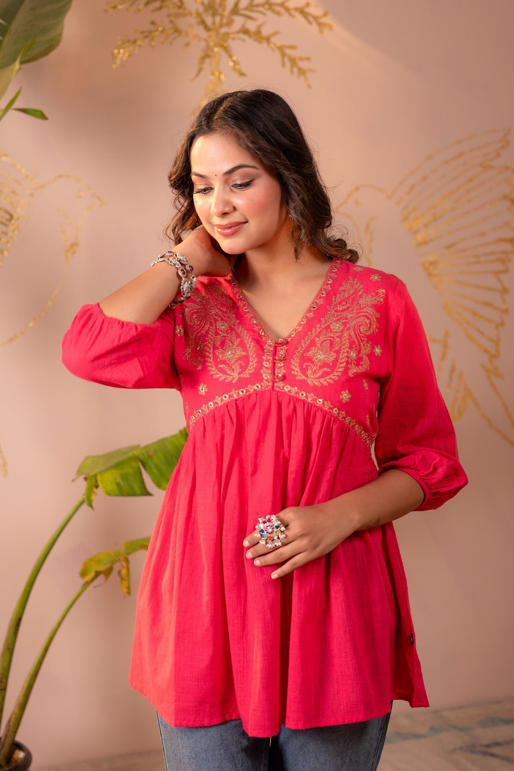 Juniper Fuchsia Embroidered Flared Kurti | Grocsy