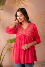 Juniper Fuchsia Embroidered Flared Kurti | Grocsy