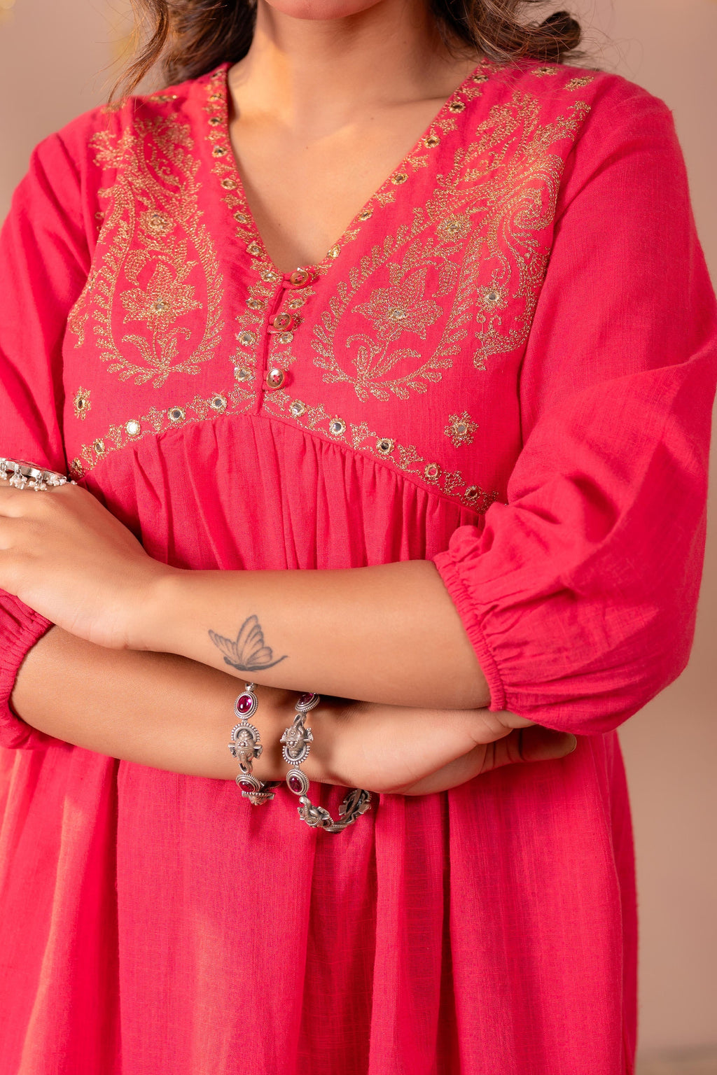Juniper Fuchsia Embroidered Flared Kurti | Grocsy