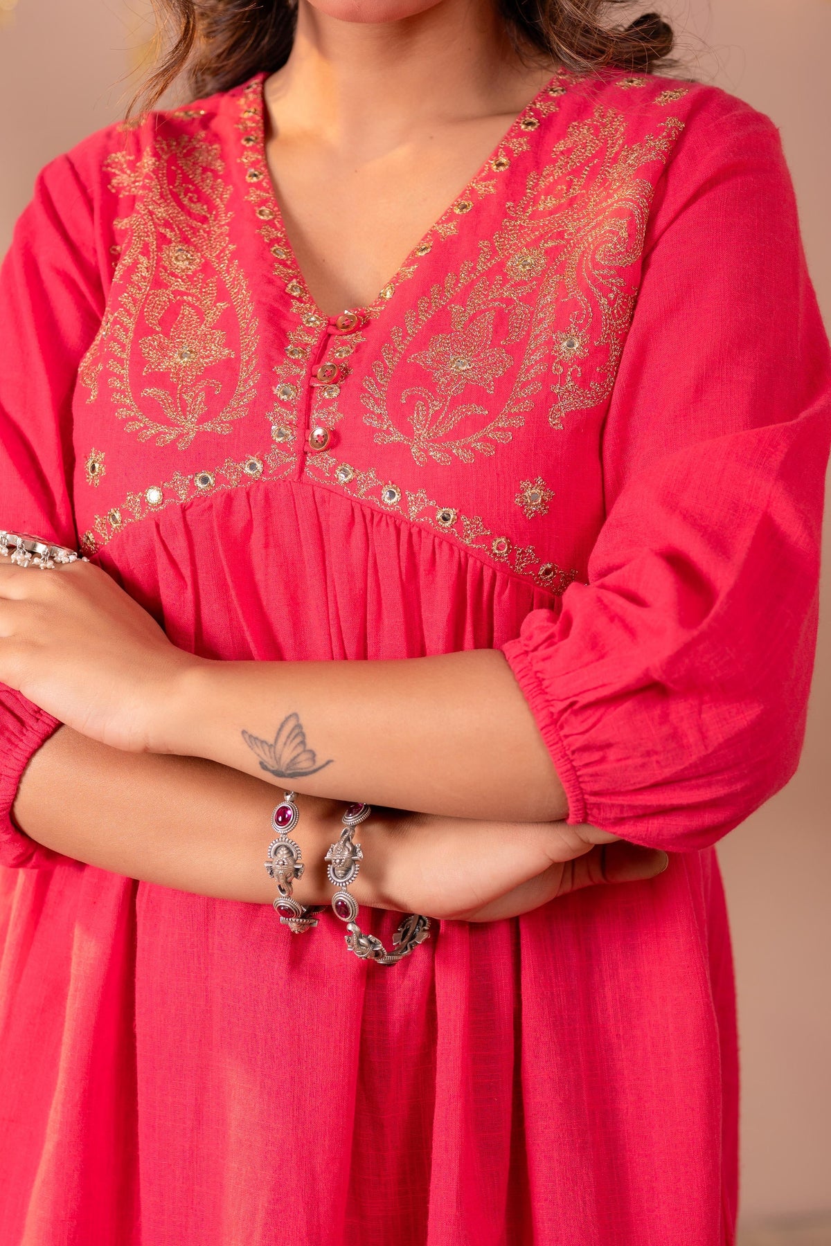Juniper Fuchsia Embroidered Flared Kurti | Grocsy