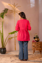 Juniper Fuchsia Embroidered Flared Kurti | Grocsy