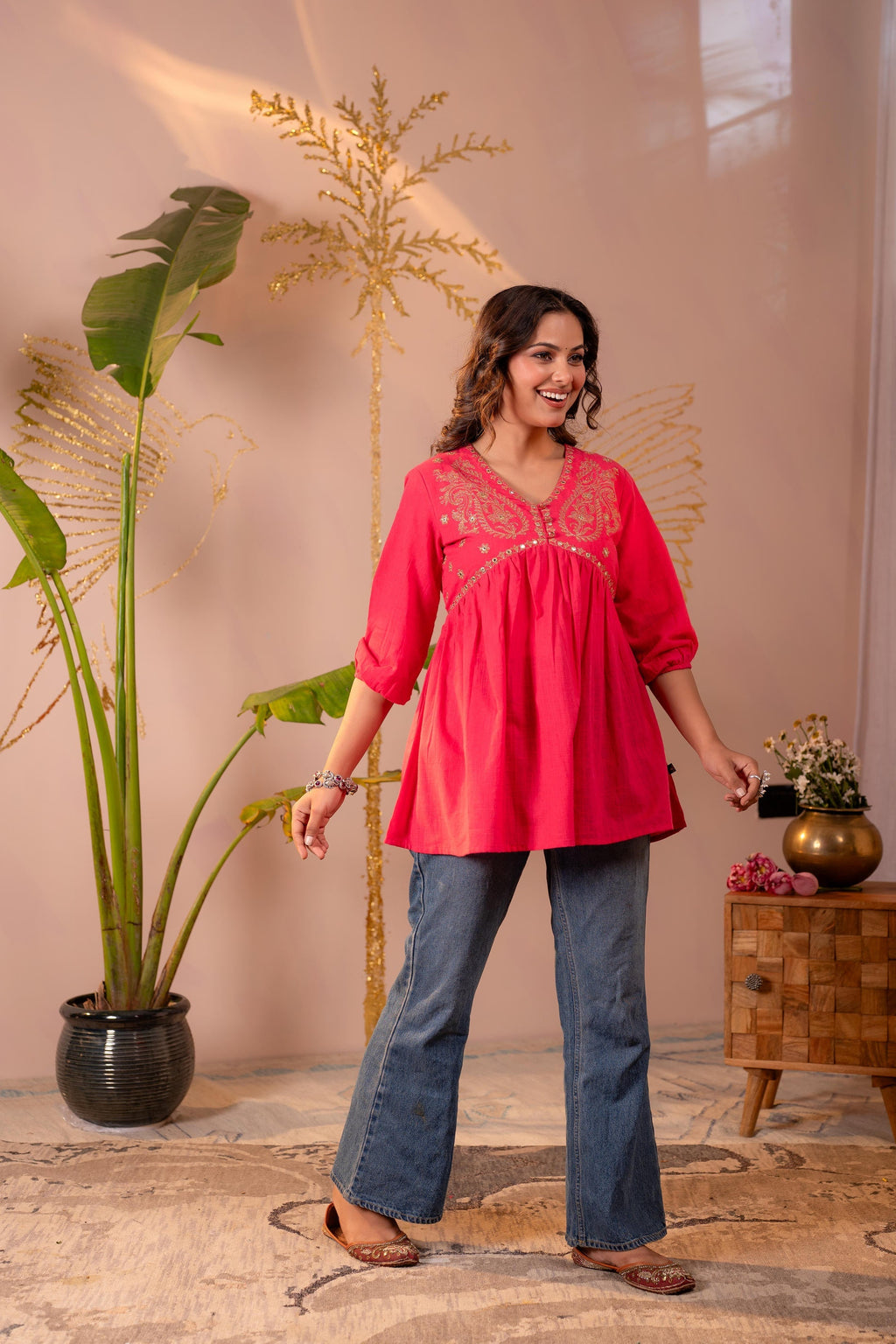Juniper Fuchsia Embroidered Flared Kurti | Grocsy