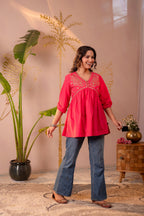 Juniper Fuchsia Embroidered Flared Kurti | Grocsy