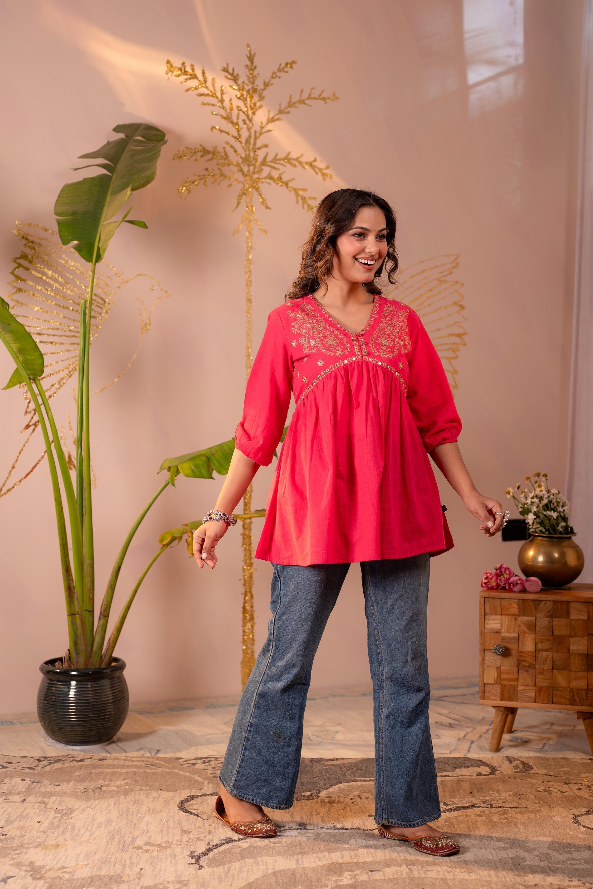 Juniper Fuchsia Embroidered Flared Kurti | Grocsy