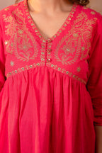Juniper Fuchsia Embroidered Flared Kurti | Grocsy