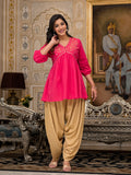 Juniper Women's Fuchsia Embroidered Cotton Tunic And Pant Co-Ord Set With Mirror & Zari Work | Grocsy