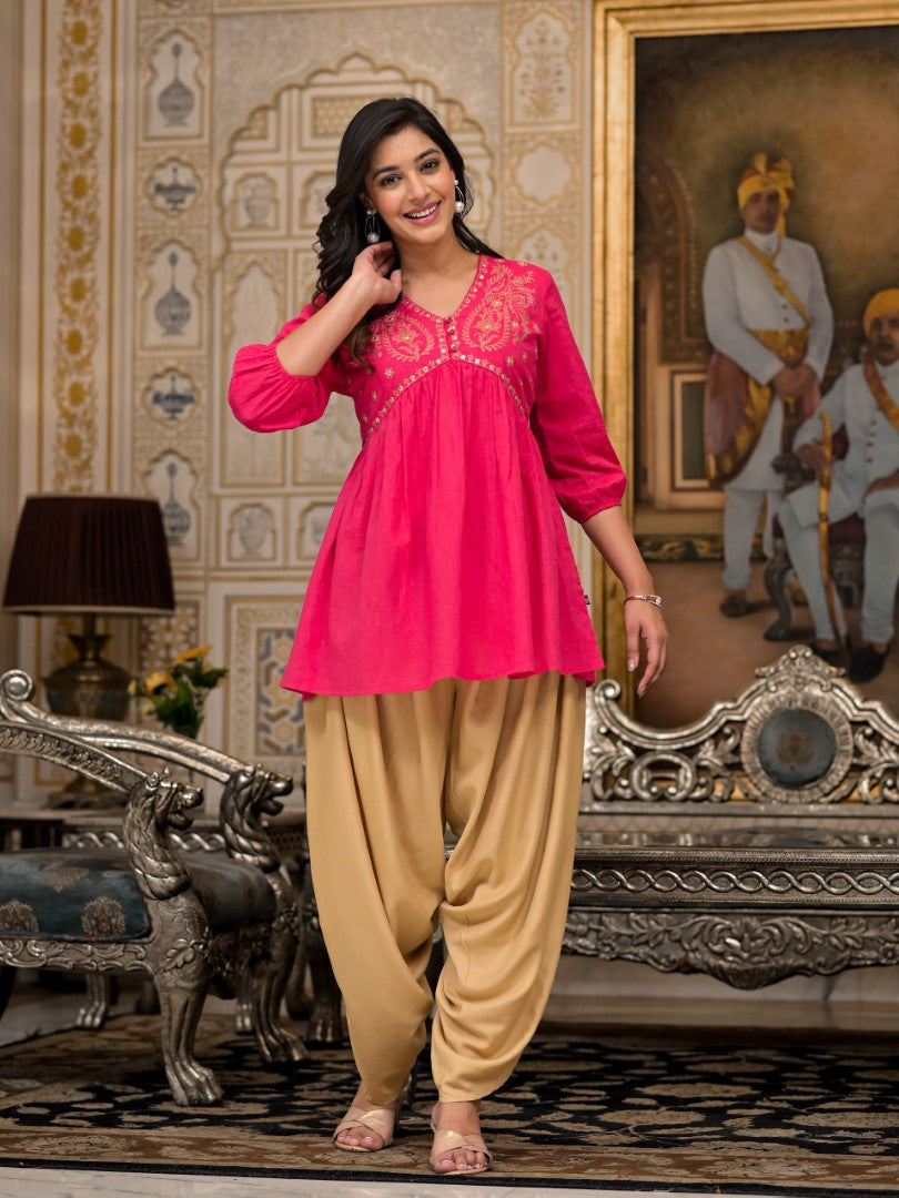 Juniper Women's Fuchsia Embroidered Cotton Tunic And Pant Co-Ord Set With Mirror & Zari Work | Grocsy