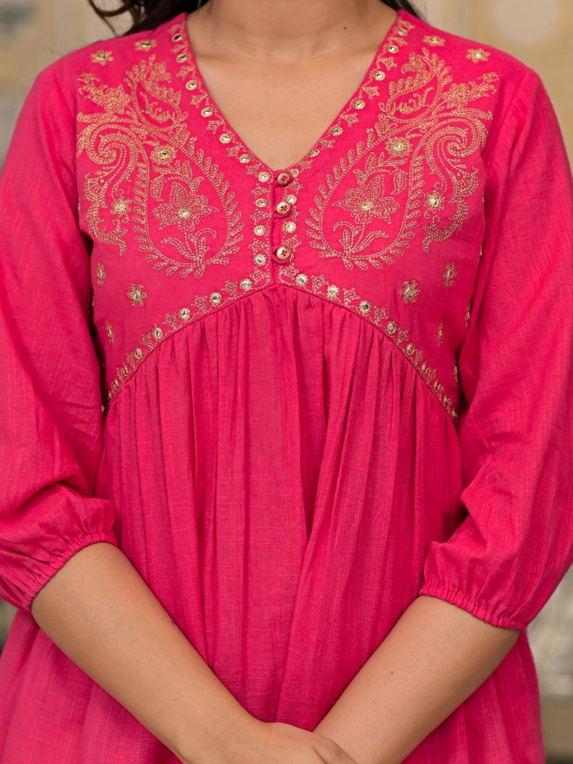 Juniper Women's Fuchsia Embroidered Cotton Tunic And Pant Co-Ord Set With Mirror & Zari Work | Grocsy