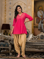 Juniper Women's Fuchsia Embroidered Cotton Tunic And Pant Co-Ord Set With Mirror & Zari Work | Grocsy