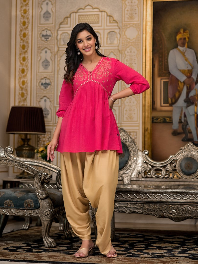 Juniper Women's Fuchsia Embroidered Cotton Tunic And Pant Co-Ord Set With Mirror & Zari Work | Grocsy
