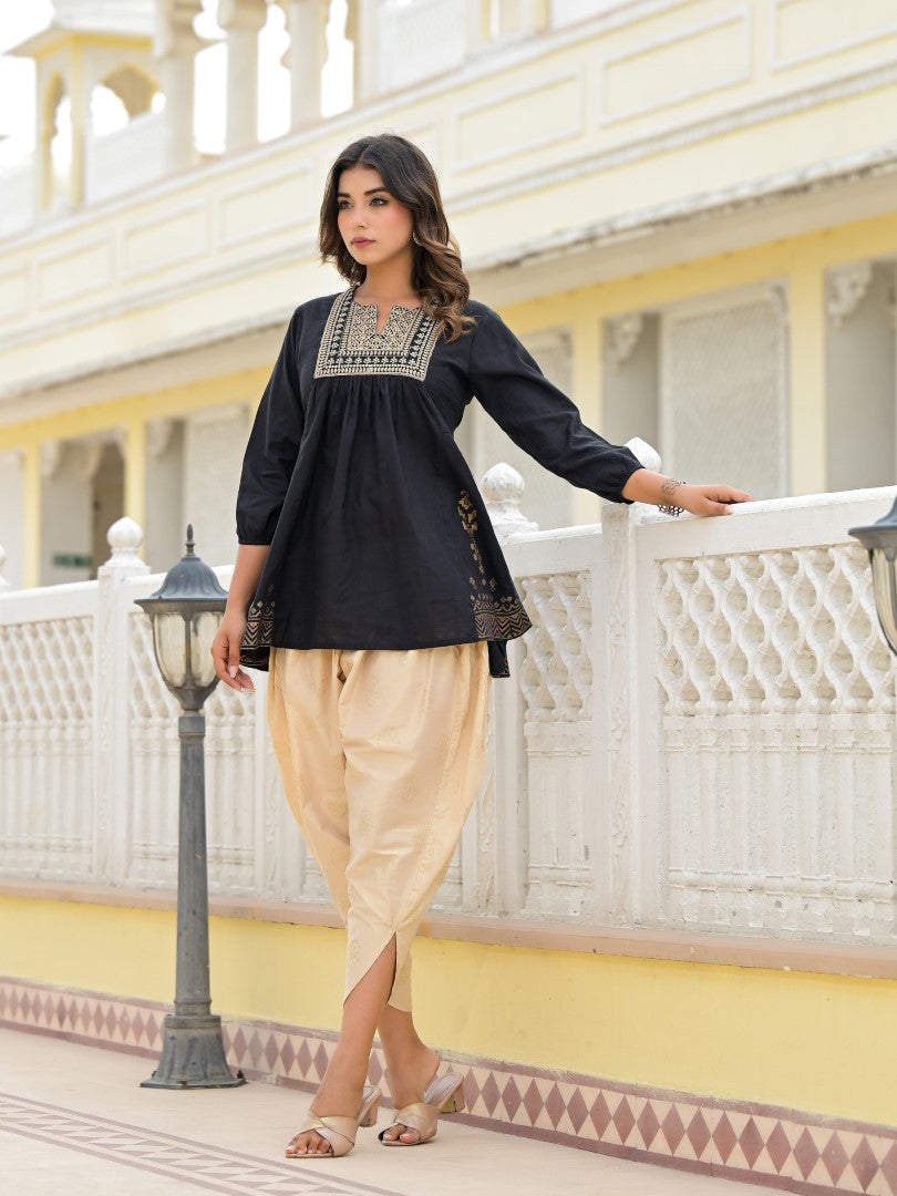 Juniper Women's Black Ethnic Motif Printed Tunic & Dhoti Pant Co-Ord Set For With Zari Embroidery | Grocsy