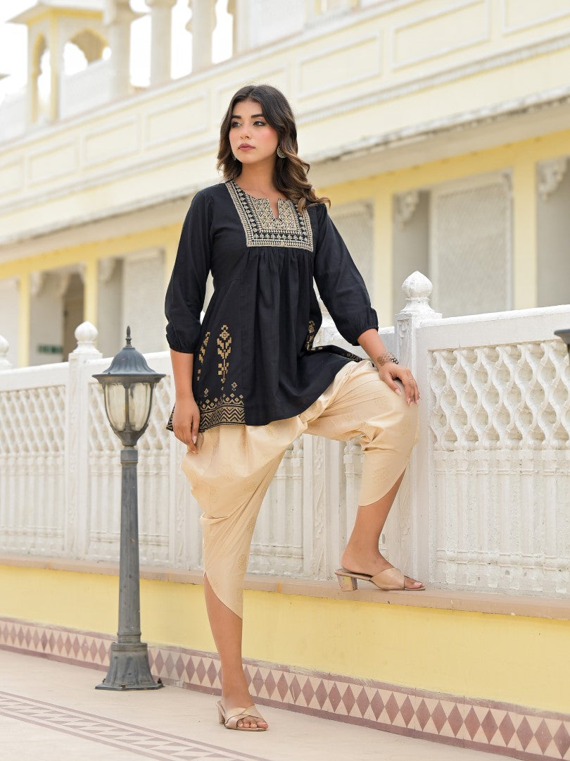 Juniper Women's Black Ethnic Motif Printed Tunic & Dhoti Pant Co-Ord Set For With Zari Embroidery | Grocsy