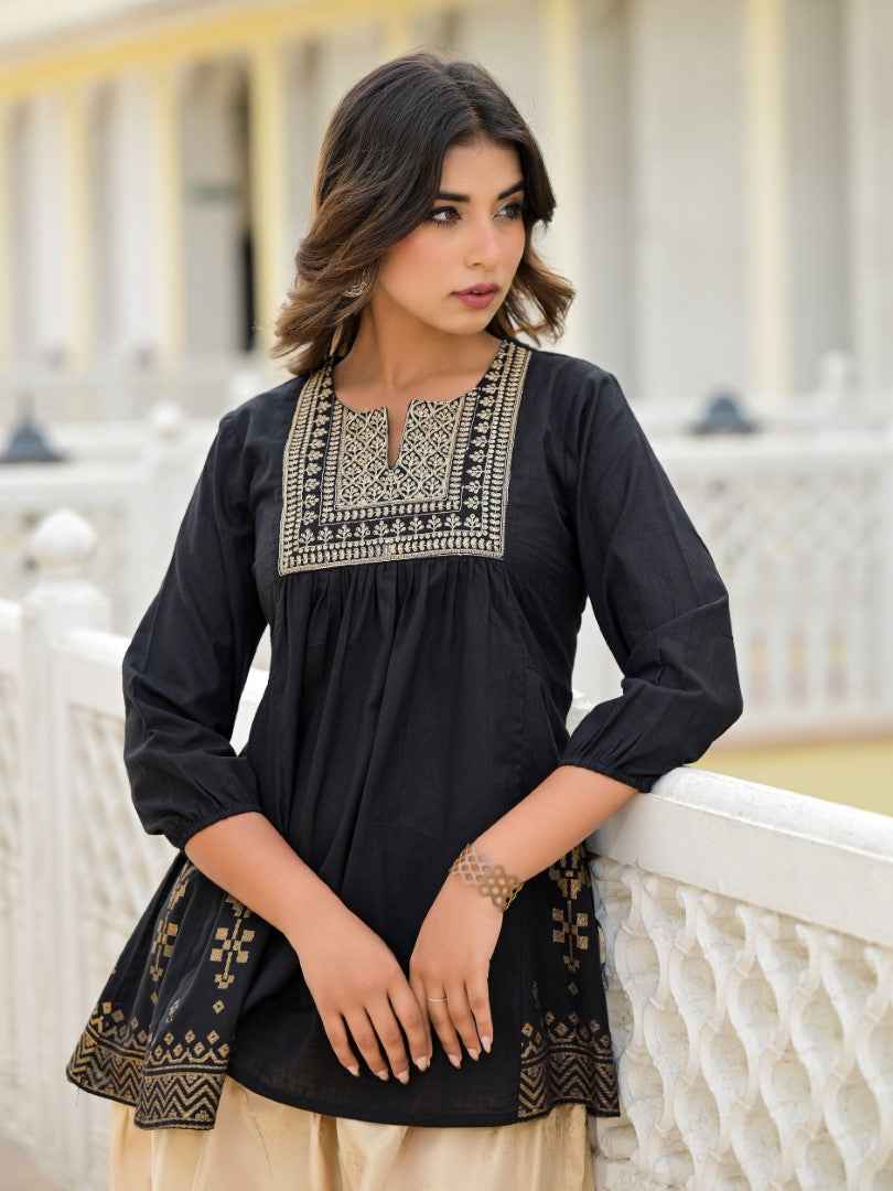 Juniper Women's Black Ethnic Motif Printed Tunic & Dhoti Pant Co-Ord Set For With Zari Embroidery | Grocsy