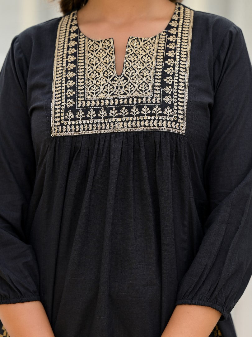 Juniper Women's Black Ethnic Motif Printed Tunic & Dhoti Pant Co-Ord Set For With Zari Embroidery | Grocsy