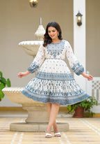 Juniper White Ethnic Motif Printed Georgette Dress With Thread Embroidery | Grocsy