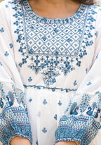 Juniper White Ethnic Motif Printed Georgette Dress With Thread Embroidery | Grocsy
