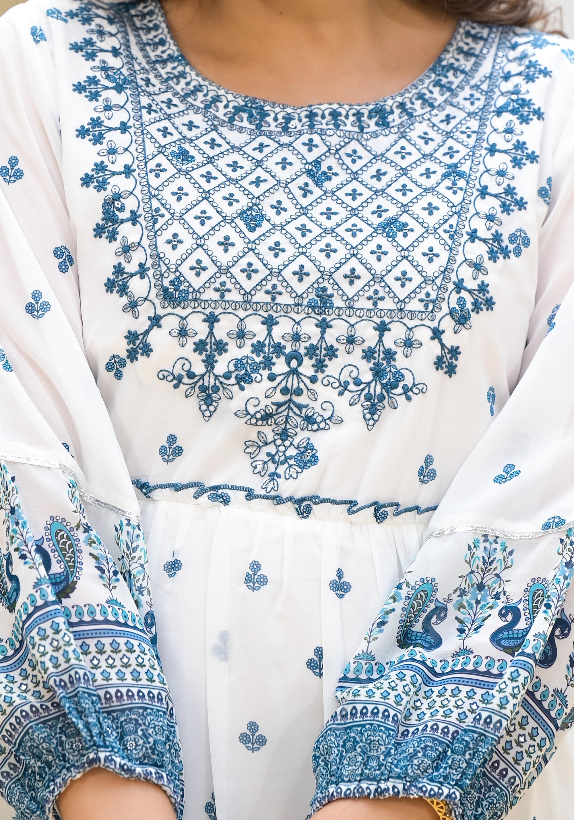 Juniper White Ethnic Motif Printed Georgette Dress With Thread Embroidery | Grocsy