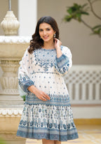 Juniper White Ethnic Motif Printed Georgette Dress With Thread Embroidery | Grocsy