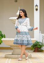 Juniper White Ethnic Motif Printed Georgette Dress With Thread Embroidery | Grocsy
