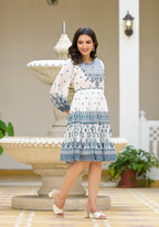 Juniper White Ethnic Motif Printed Georgette Dress With Thread Embroidery | Grocsy