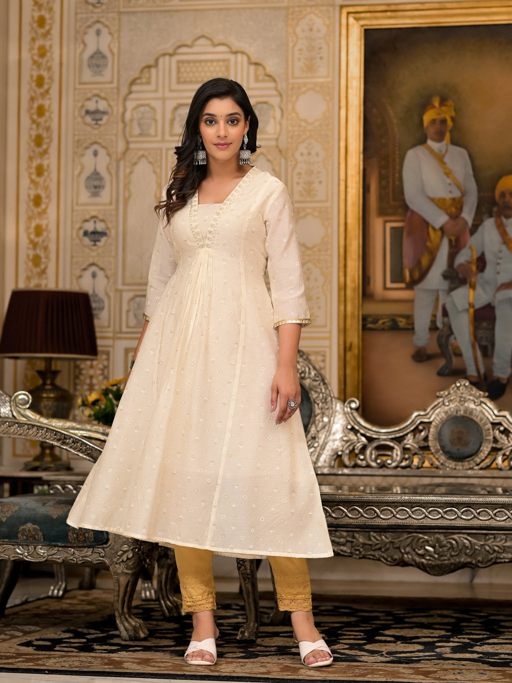 Juniper Ivory Floral Printed Chanderi Kurta With Mirror Work Embroidery | Grocsy
