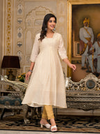 Juniper Ivory Floral Printed Chanderi Kurta With Mirror Work Embroidery | Grocsy