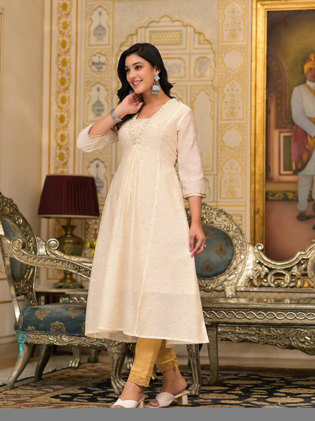 Juniper Ivory Floral Printed Chanderi Kurta With Mirror Work Embroidery | Grocsy