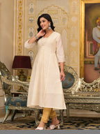 Juniper Ivory Floral Printed Chanderi Kurta With Mirror Work Embroidery | Grocsy