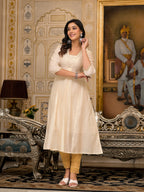 Juniper Ivory Floral Printed Chanderi Kurta With Mirror Work Embroidery | Grocsy