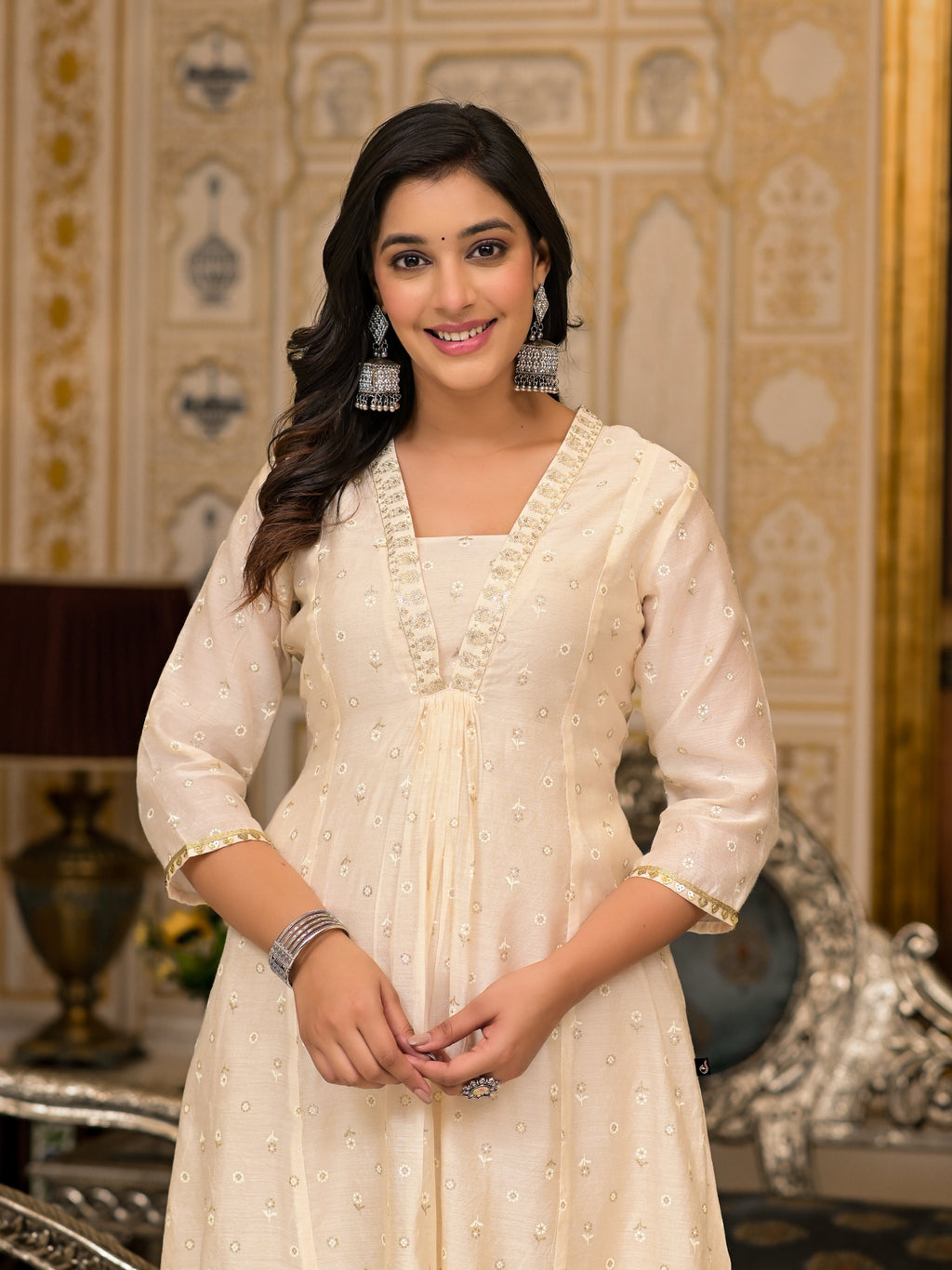 Juniper Ivory Floral Printed Chanderi Kurta With Mirror Work Embroidery | Grocsy