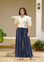 Juniper Blue And White Floral Printed Rayon Clothing Set With Thread Embroidery & Buttons | Grocsy