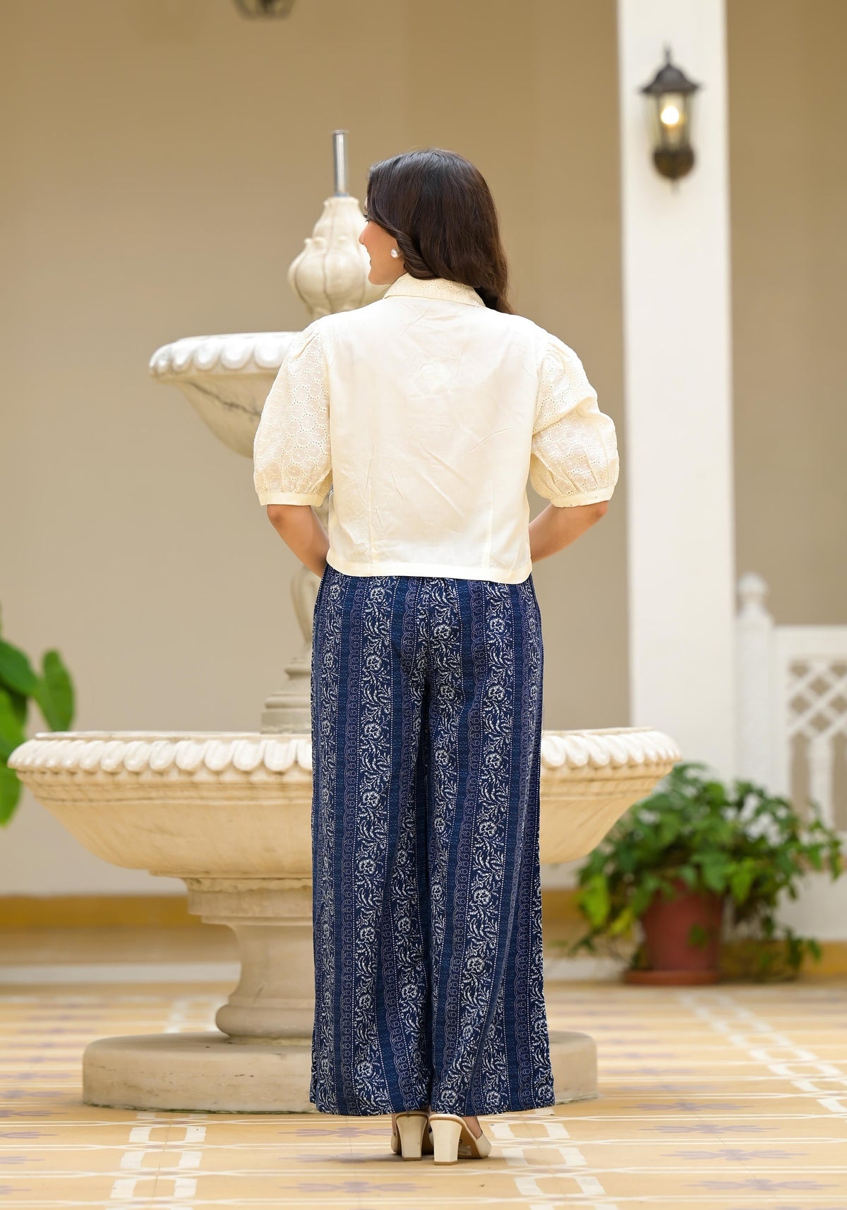 Juniper Blue And White Floral Printed Rayon Clothing Set With Thread Embroidery & Buttons | Grocsy
