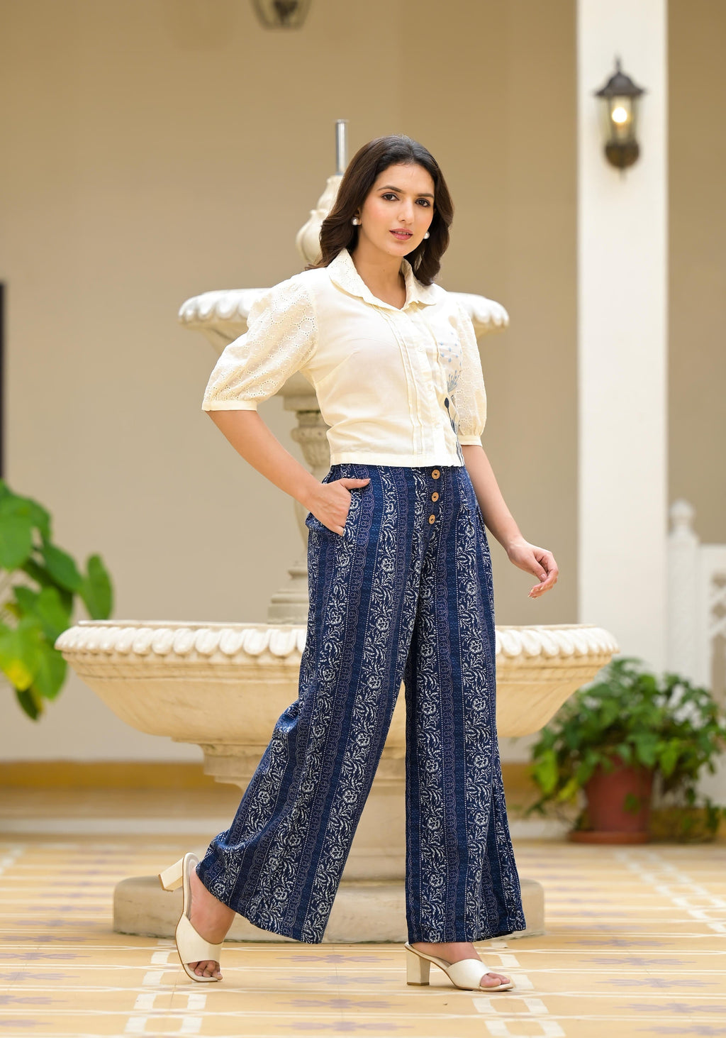 Juniper Blue And White Floral Printed Rayon Clothing Set With Thread Embroidery & Buttons | Grocsy